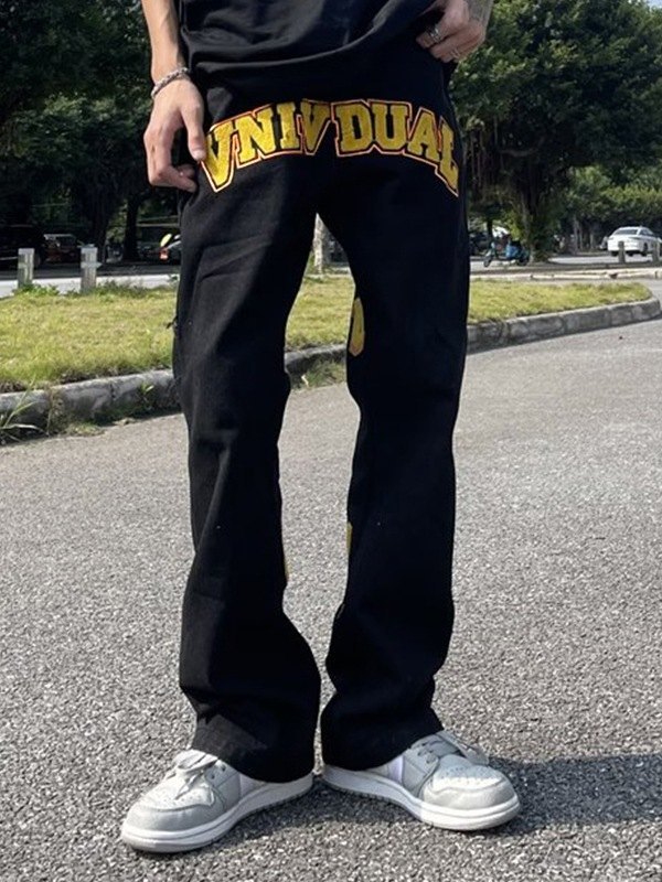 Emmiol Free shipping 2023 Men's Toweling Embroidered Flare Jeans Black