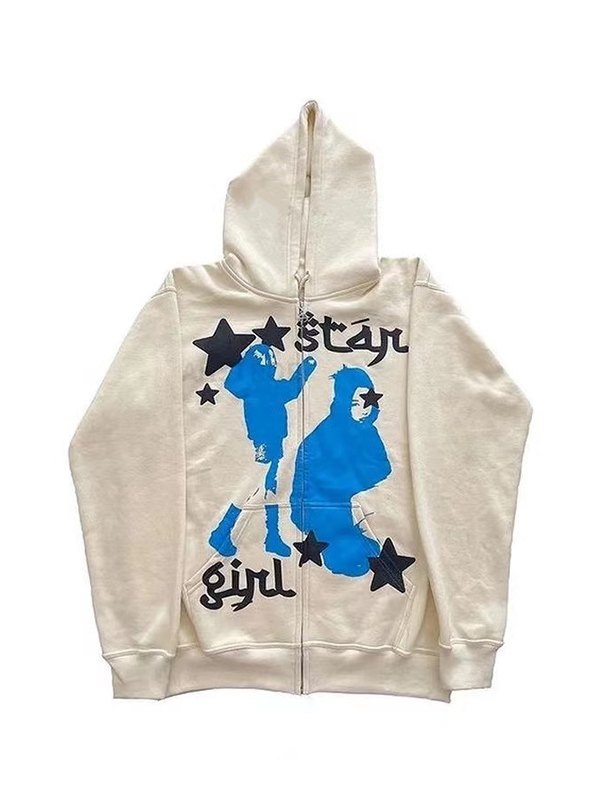 2022 Star Girl Graphic Zip Up Hoodie Beige L In Hoodies & Sweatshirts