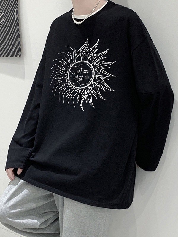 EMMIOL Camiseta de manga larga con estampado Sun Moon para hombre