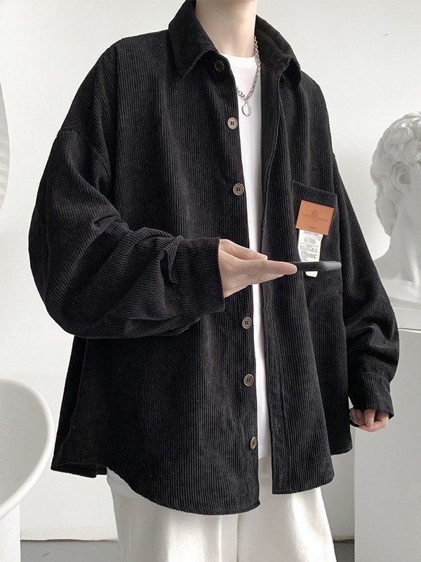 EMMIOL Men's Patch Detail Corduroy Long Sleeve Shirt