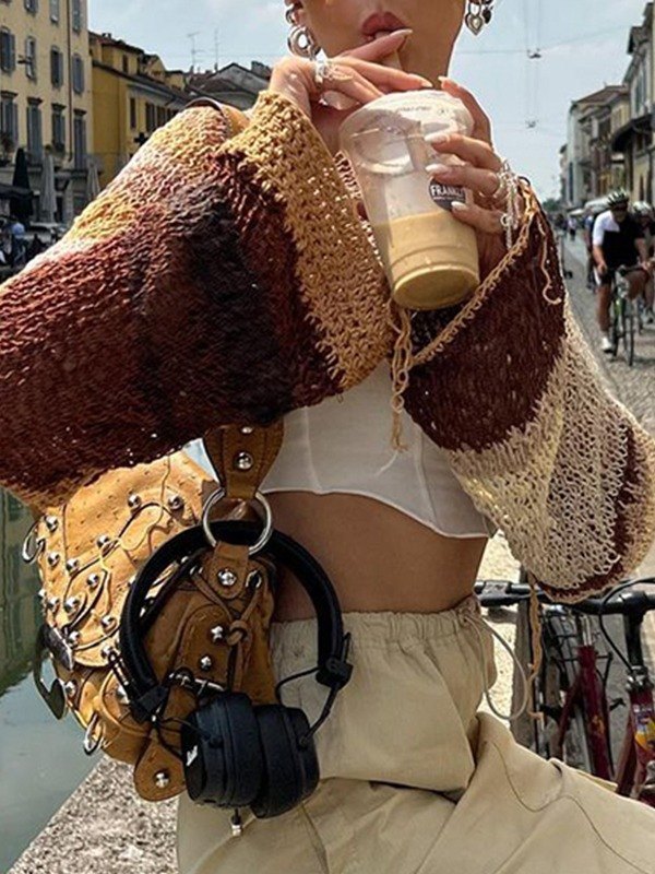 Emmiol Free shipping 2023 Striped Long Sleeve Bolero Knit Top Brown S