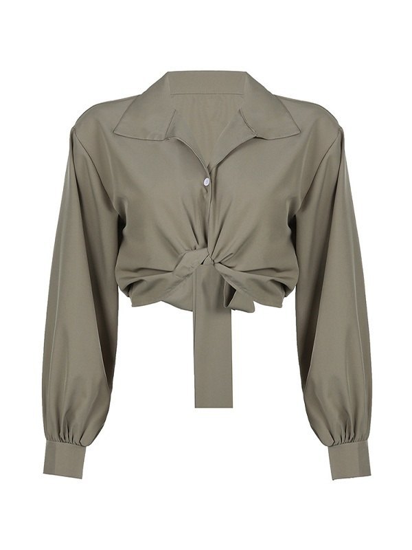 EMMIOL Blusa corta de manga larga con correa anudada