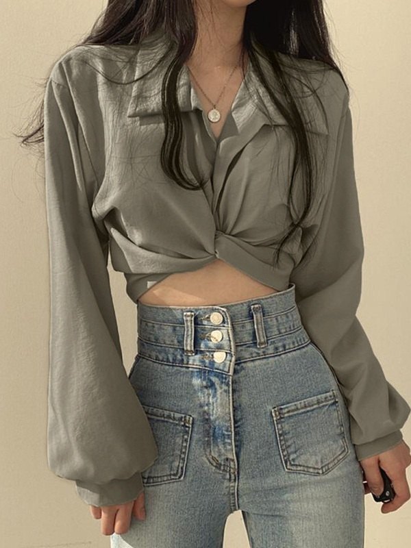 EMMIOL Blusa corta de manga larga con correa anudada