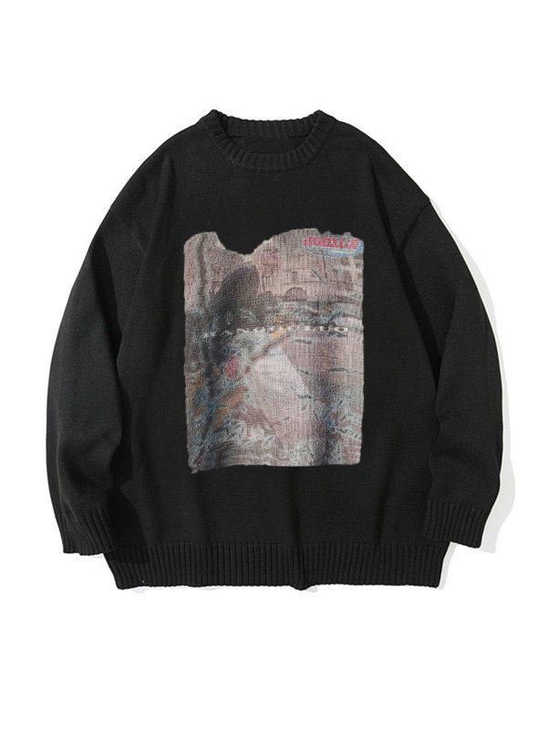 EMMIOL Suéter de punto gráfico con figura grunge para hombre