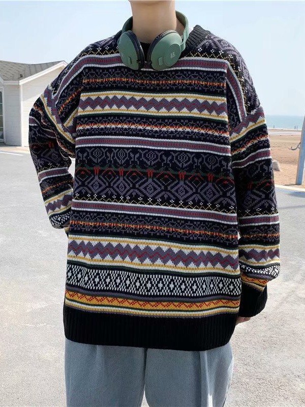 Emmiol Free shipping 2024 Men's Vintage Jacquard Long Sleeve Knit