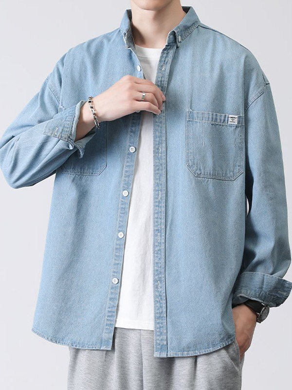EMMIOL Camisa vaquera de manga larga lavada para hombre