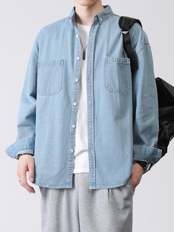 EMMIOL Camisa vaquera de manga larga lavada para hombre