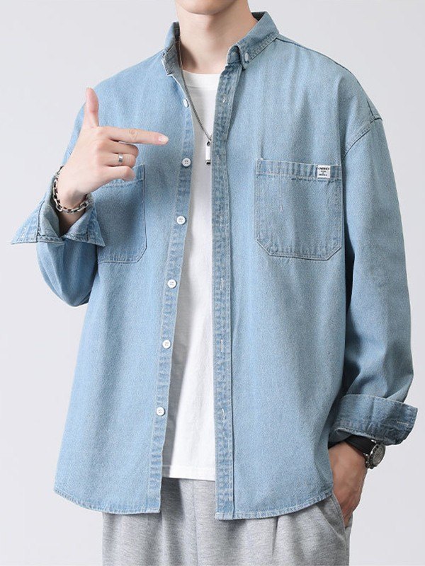EMMIOL Camisa vaquera de manga larga lavada para hombre