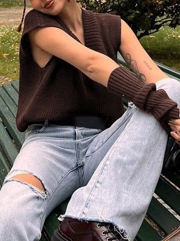 Emmiol Free shipping 2023 Arm Warmer V Neck Cropped Sweater Vest Brown