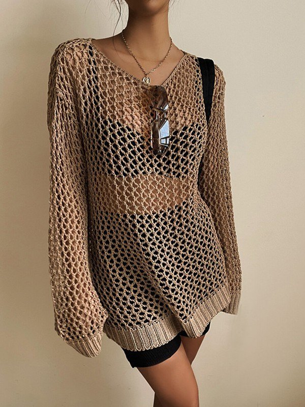 Emmiol Free shipping 2024 Vintage Hollow Out Crochet Knit Top Khaki M in Long Sleeve online