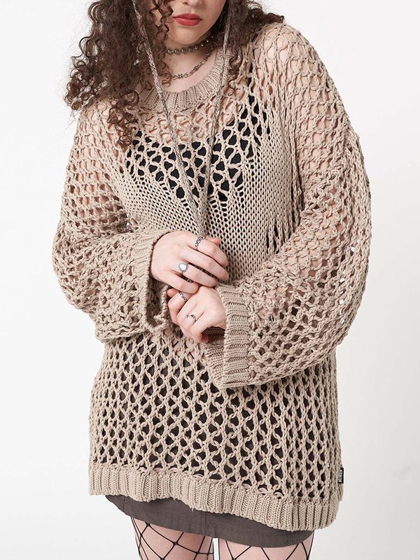 Emmiol Free shipping 2024 Hollow Out Long Sleeve Crochet Knit Top Khaki