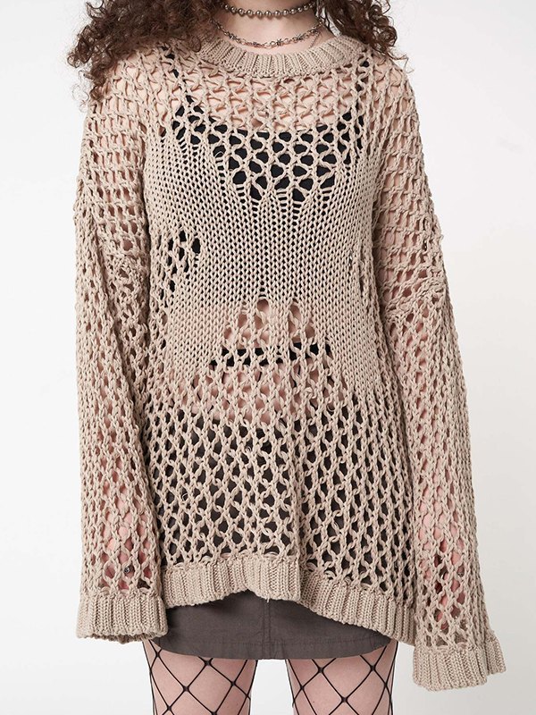 Emmiol Free shipping 2024 Hollow Out Long Sleeve Crochet Knit Top Khaki
