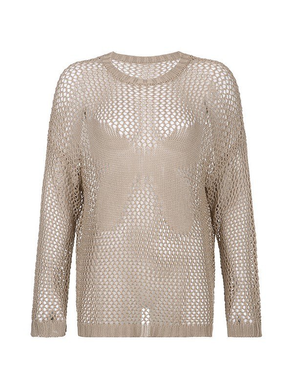 Emmiol Free shipping 2024 Hollow Out Long Sleeve Crochet Knit Top Khaki