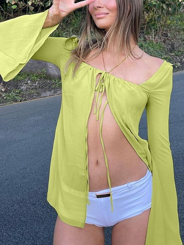 EMMIOL Blusa transparente de manga larga con cordones en el frente abierto