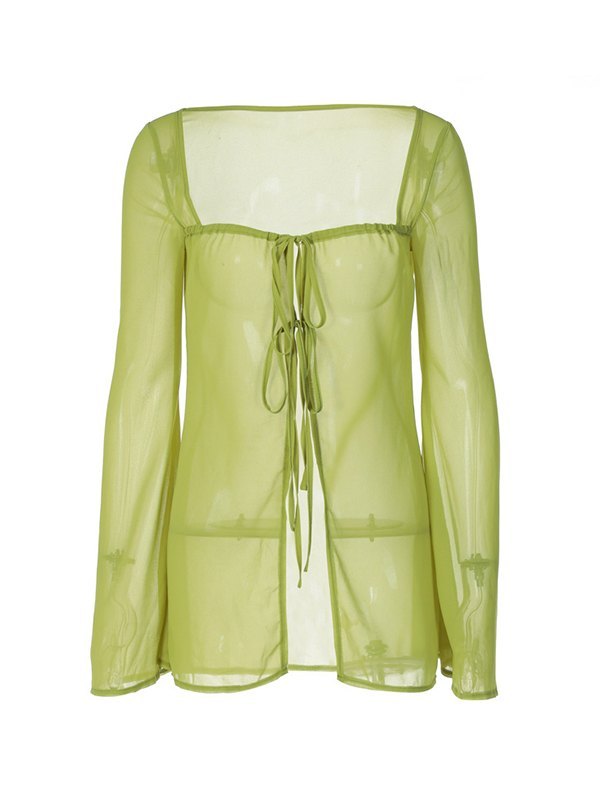 EMMIOL Blusa transparente de manga larga con cordones en el frente abierto