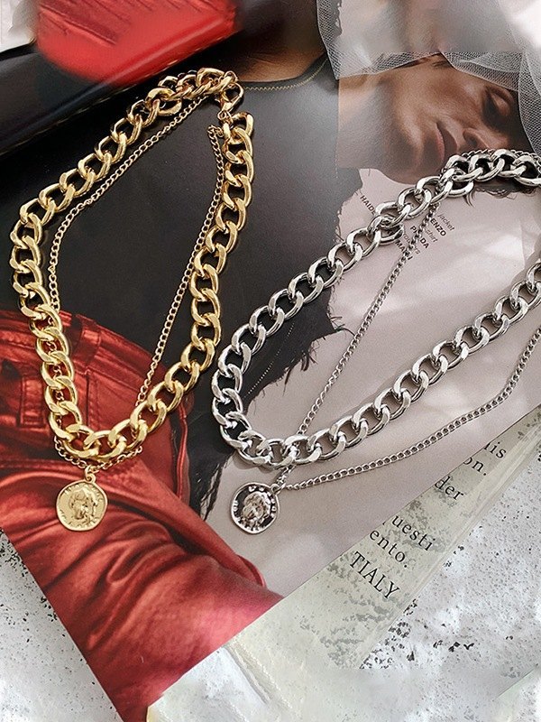 EMMIOL Collar de cadena gruesa con dije de moneda de doble capa