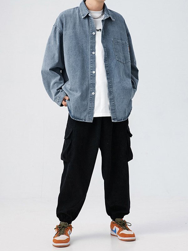 EMMIOL Men's Vintage Denim Long Sleeve Buttoned Shirt