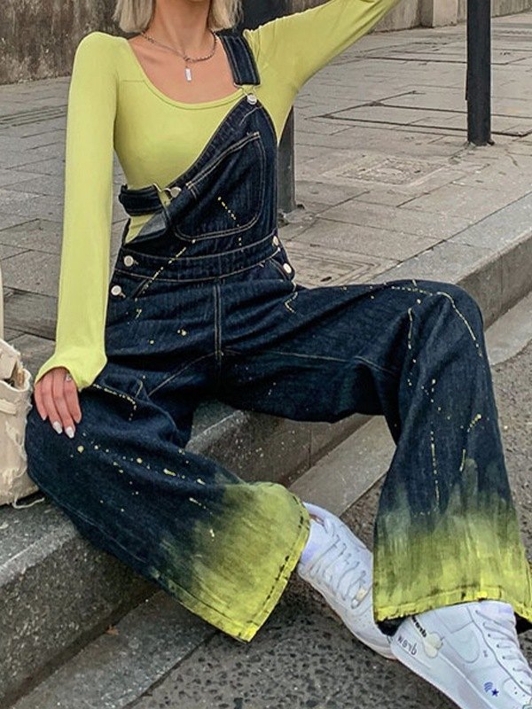 EMMIOL Overol vaquero estilo boyfriend con estampado de salpicaduras