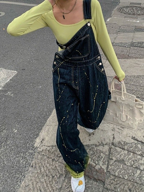 EMMIOL Overol vaquero estilo boyfriend con estampado de salpicaduras