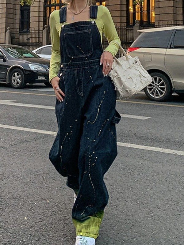 EMMIOL Overol vaquero estilo boyfriend con estampado de salpicaduras