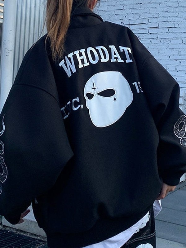 Emmiol Free shipping 2023 Embroidered Button Up Varsity Jacket Black M