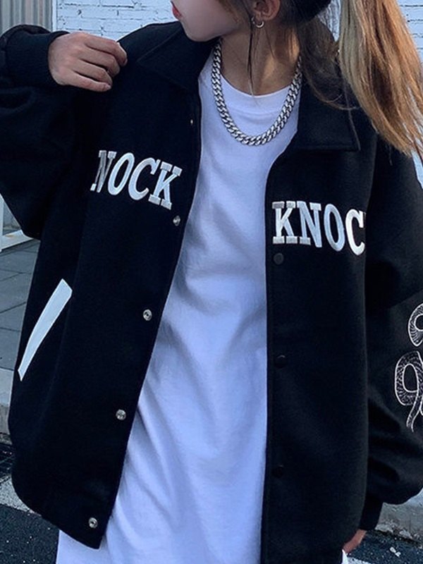 Emmiol Free shipping 2023 Embroidered Button Up Varsity Jacket Black XL