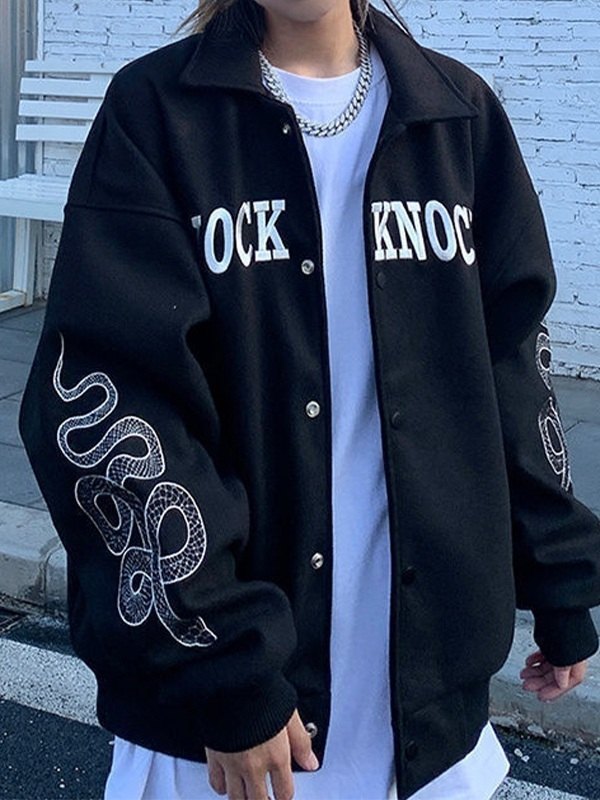 Emmiol Free shipping 2023 Embroidered Button Up Varsity Jacket Black XL