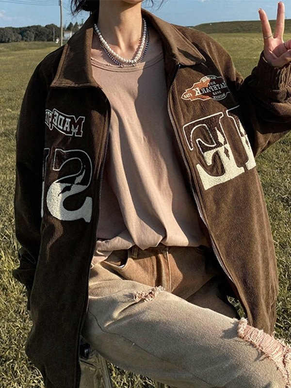EMMIOL Embroidery Zip Up Corduroy Jacket