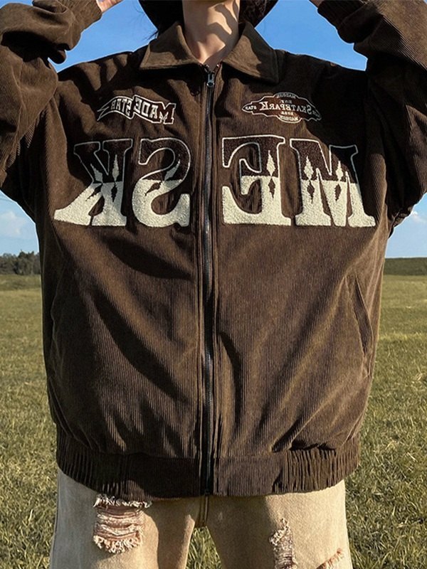 EMMIOL Embroidery Zip Up Corduroy Jacket