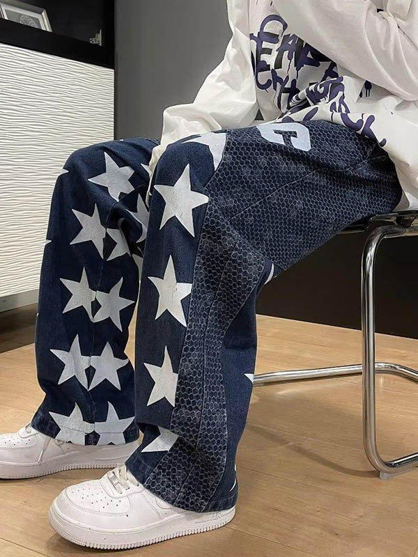 EMMIOL Men's Patchwork Letter Star Graphic Loose Jeans