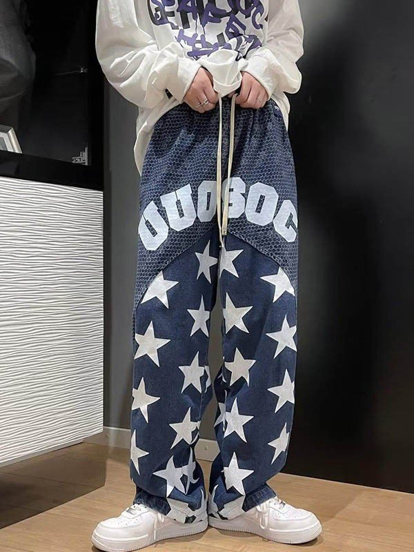 EMMIOL Men's Patchwork Letter Star Graphic Loose Jeans