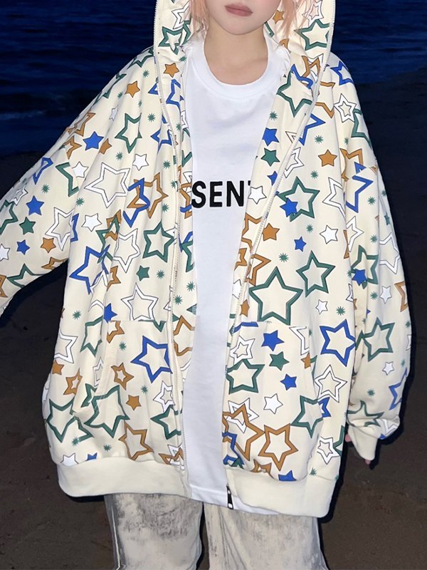 EMMIOL Allover Star Graphic Zip Up Hoodie