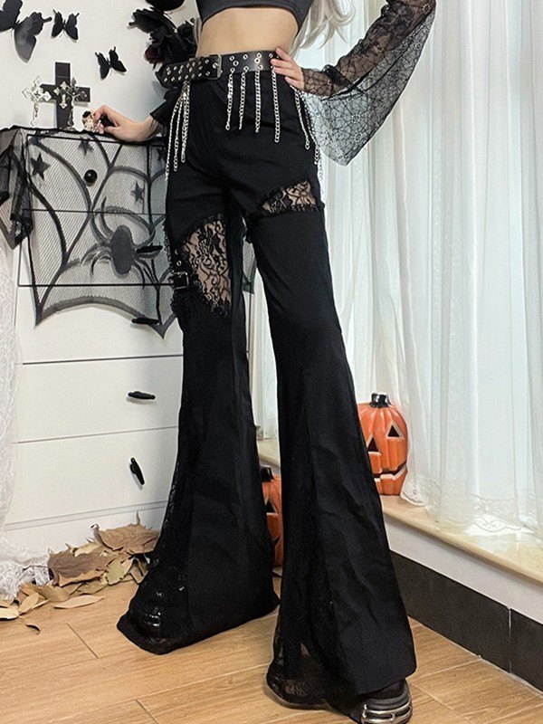 EMMIOL Pantalones acampanados negros con paneles de encaje