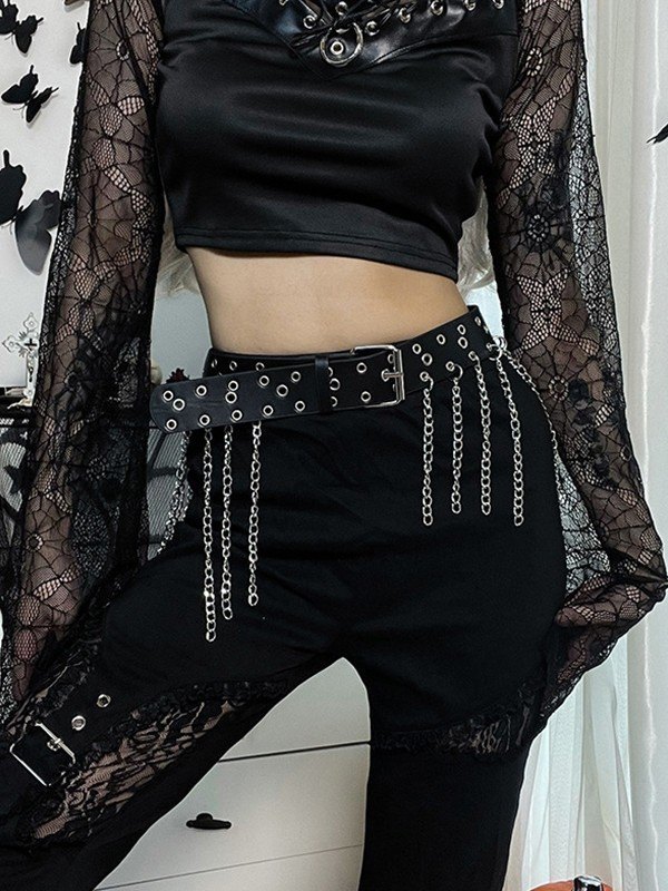 EMMIOL Pantalones acampanados negros con paneles de encaje