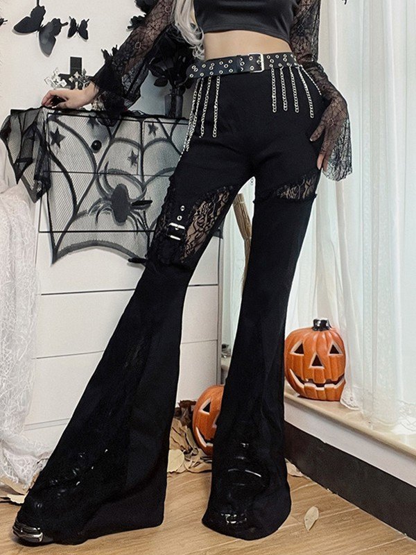 EMMIOL Pantalones acampanados negros con paneles de encaje