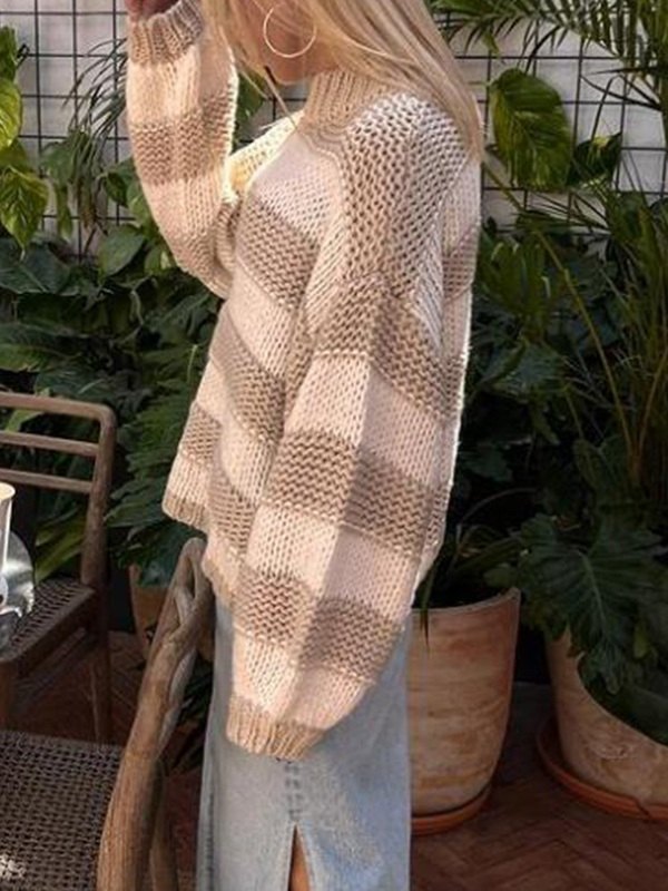 EMMIOL Crew Neck Pullover Striped Knit Sweater