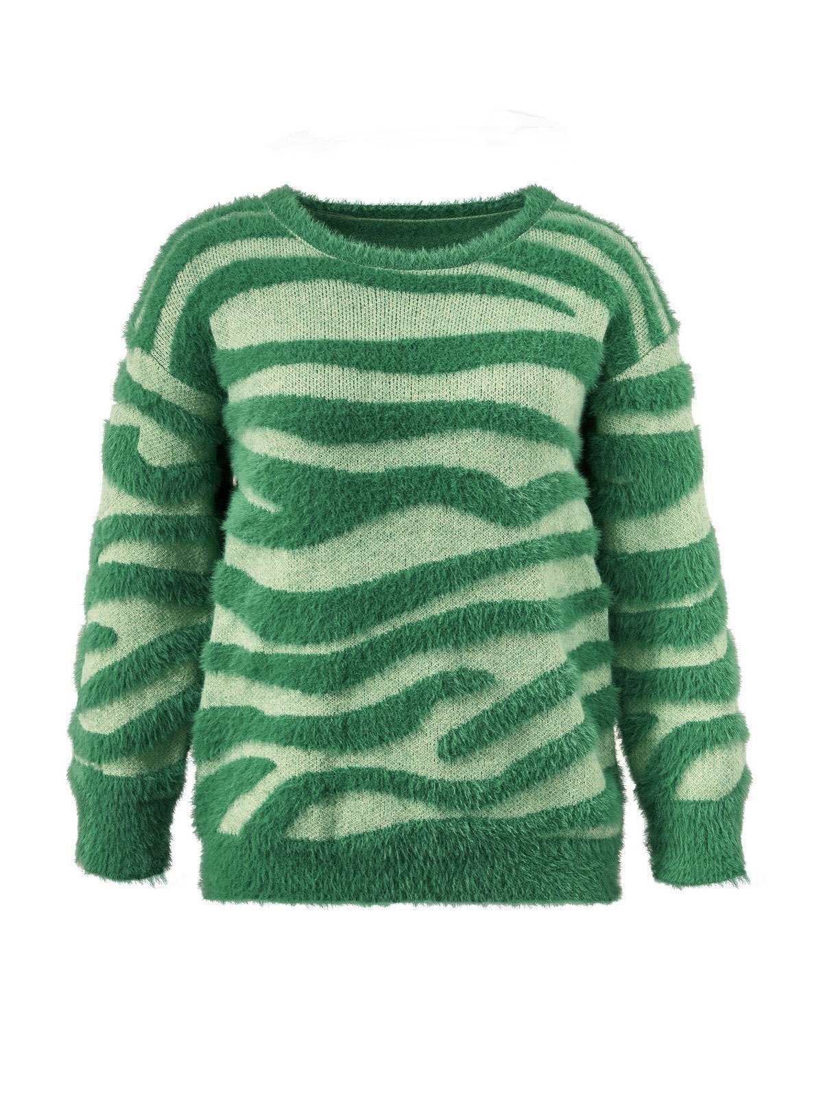 Emmiol Free shipping 2026 Animal Striped Pullover Knit Sweater Green S