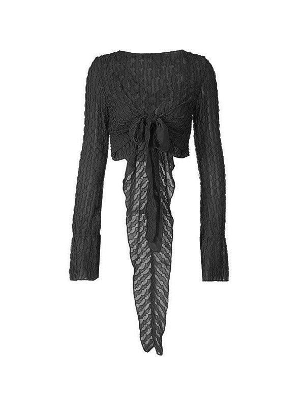 Emmiol Free shipping 2023 Textured Tie Front Long Sleeve Crop Top Black