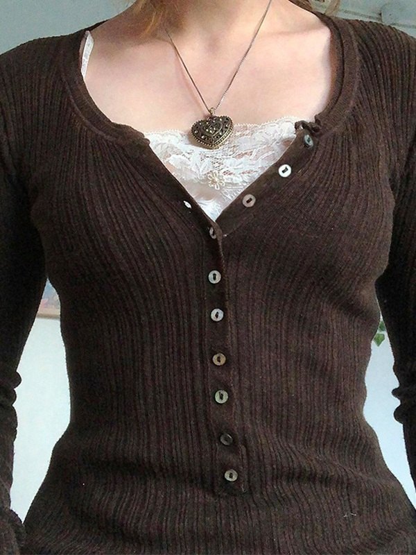 Long Sleeves Button Quilted Knitted Tops