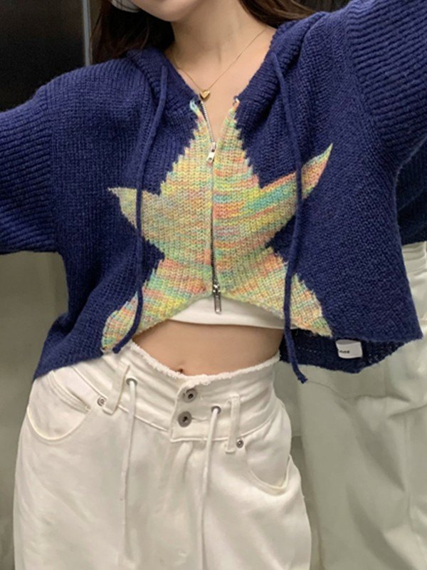 Emmiol Free shipping 2023 Distressed Star Jacquard Zip Up Hooded Knit