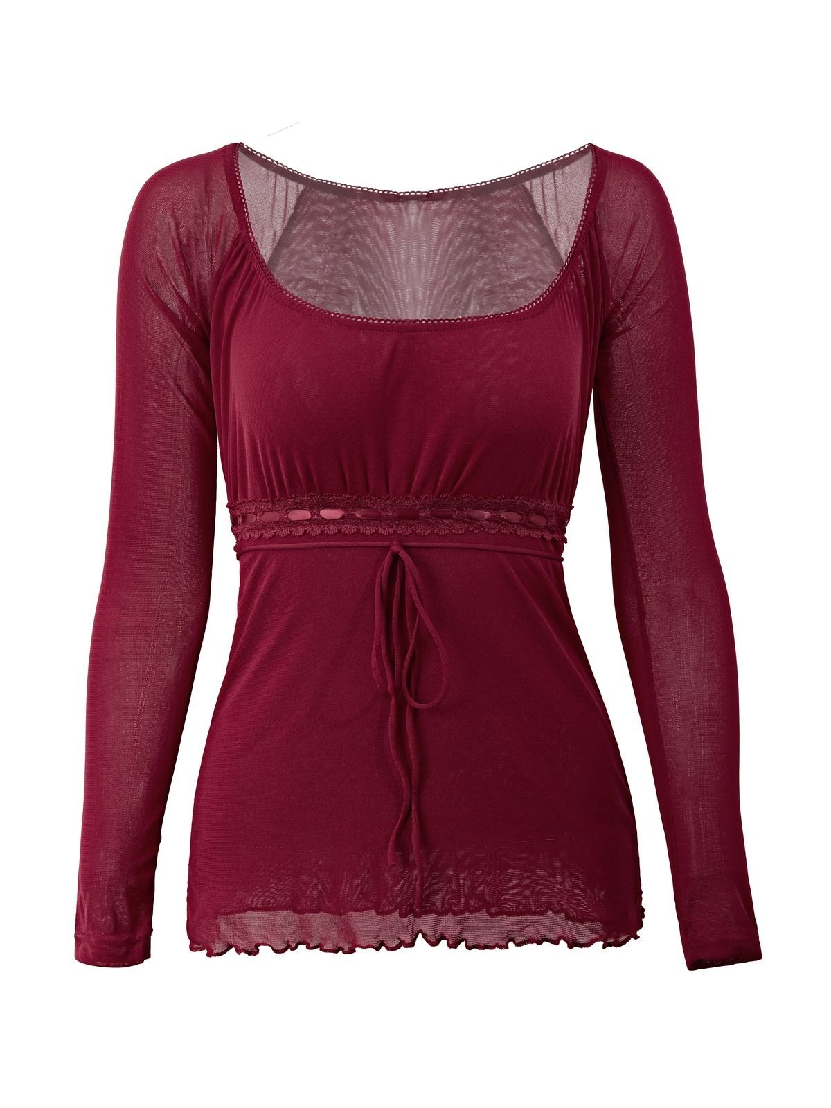 Emmiol Free shipping 2023 Lace Trim Tie Front Long Sleeve Blouse Red L