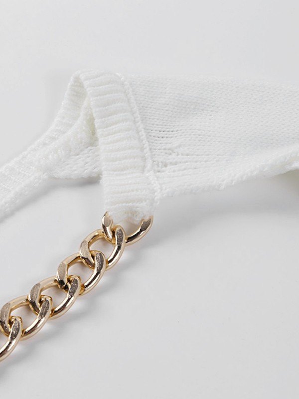 EMMIOL Suéter corto con hombros descubiertos y adorno de cadena metalizada