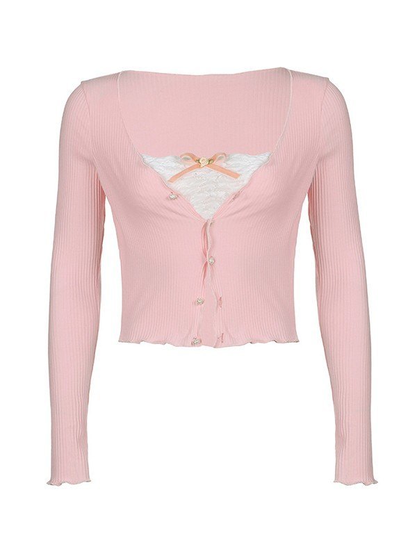 EMMIOL Patchwork Lace Ribbed Knit Crop Top