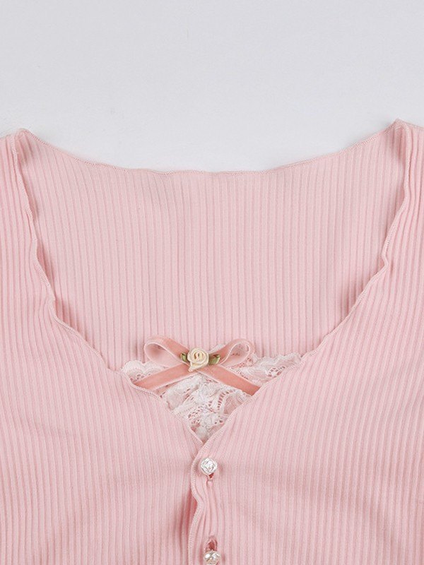 EMMIOL Patchwork Lace Ribbed Knit Crop Top