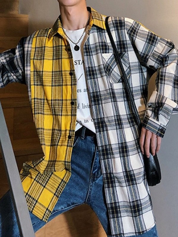 EMMIOL Men's Color Block Checkered Long Sleeve Shirt