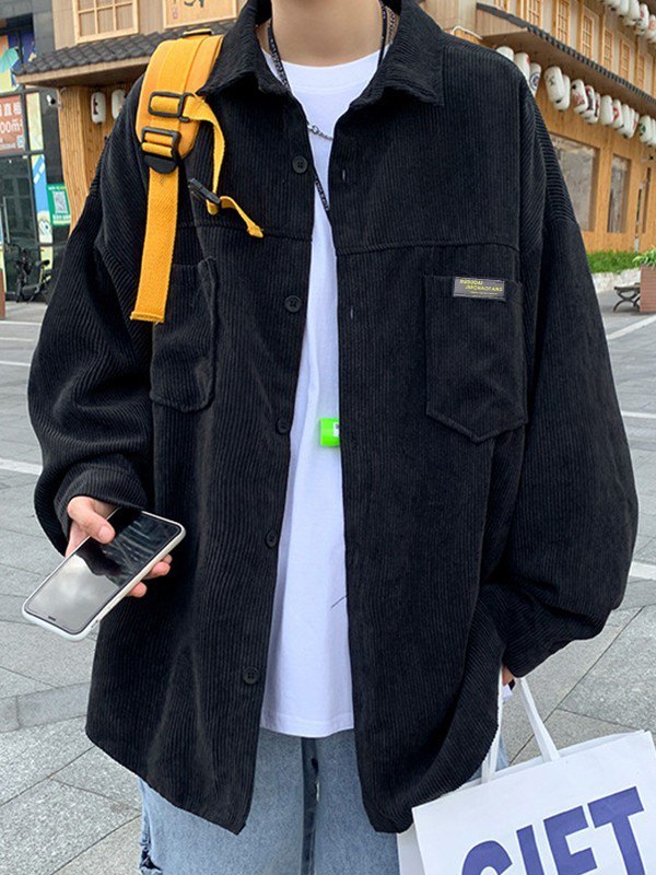 EMMIOL Camisa de manga larga de pana con bolsillo simple para hombre