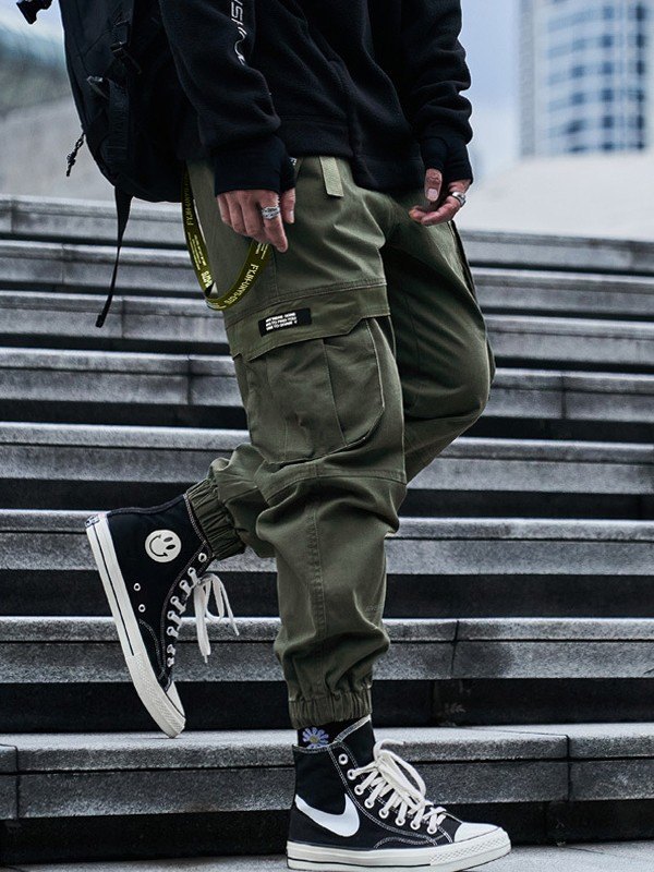 EMMIOL Pantalones cargo tipo jogger con detalle de tiras para hombre