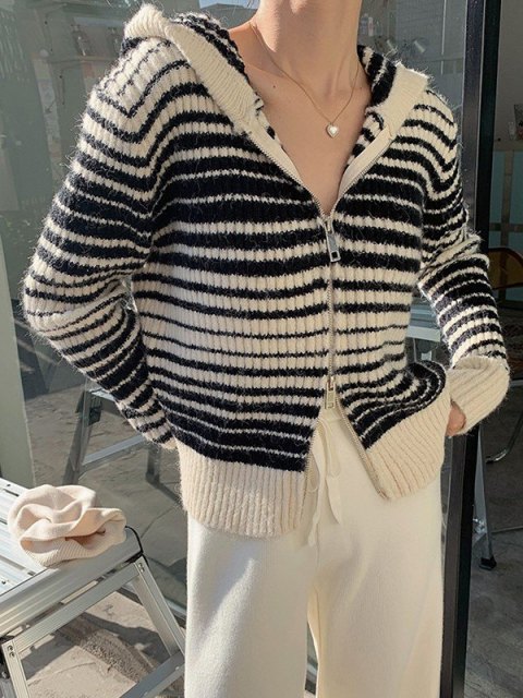 KTL-KNS24215 WHITE&BLACK ZIP-UP CARDIGAN main image 0
