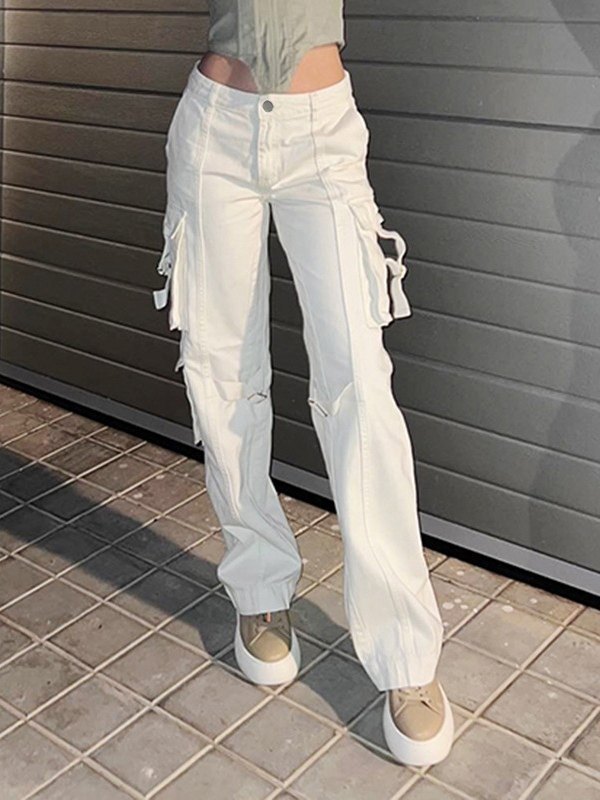 EMMIOL Pocket White Baggy Cargo Jeans