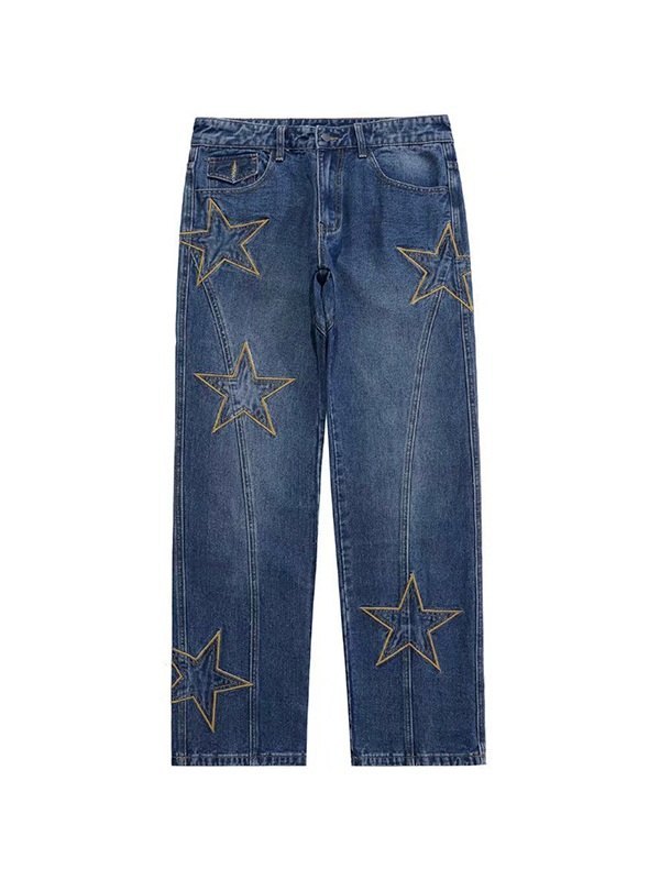 EMMIOL Men's Vintage Wash Embroidered Star Loose Jeans